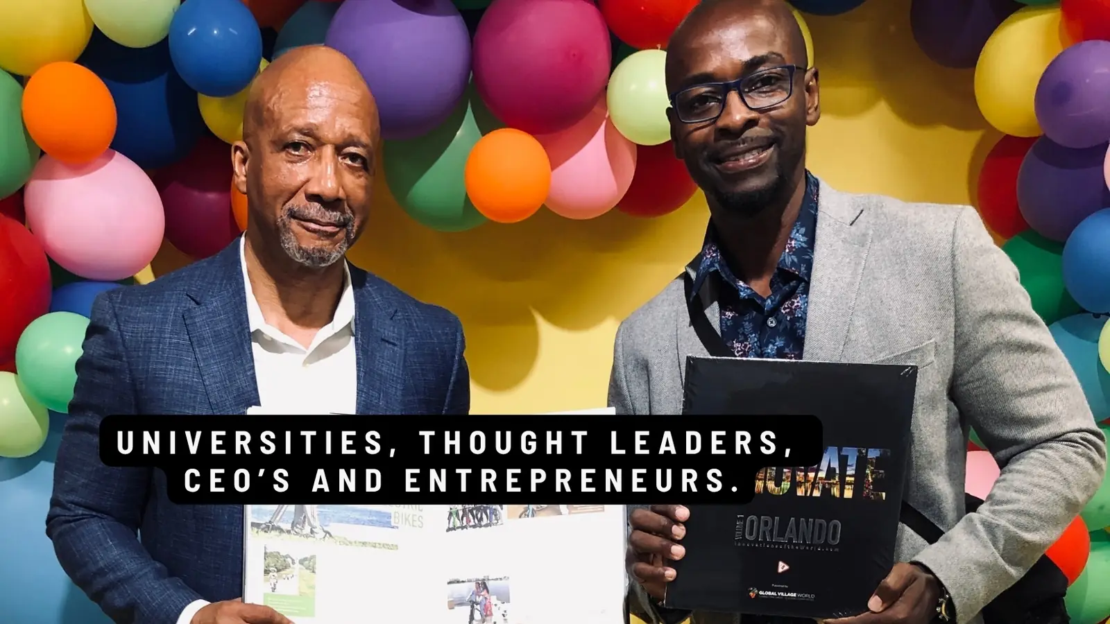 Two partners with INNOVATE Orlando in front of balloons. Caption: Universities, thought leaders, CEO's and entrepreneurs.